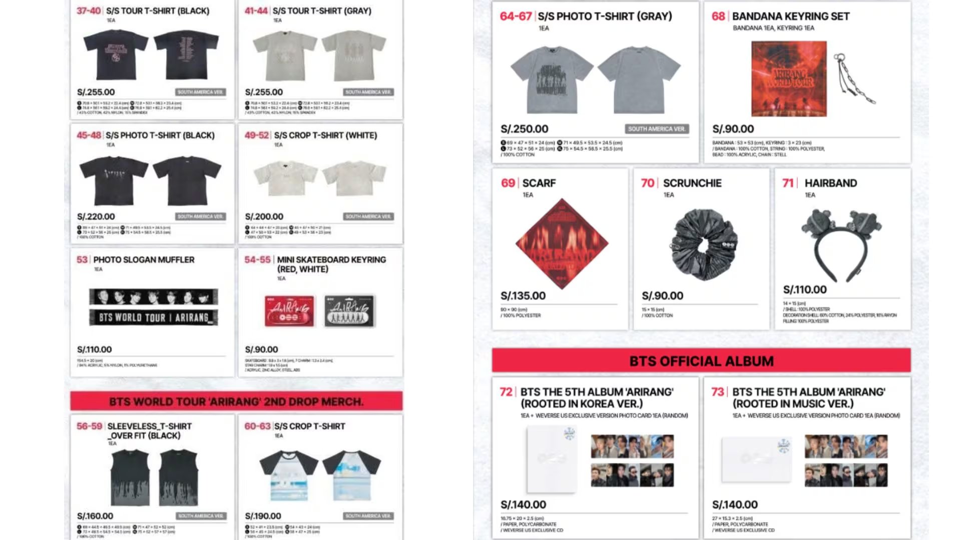 Un catálogo detalla los precios en soles peruanos de prendas, accesorios y discos para los conciertos de la agrupación BTS en Lima. (Weverse)
