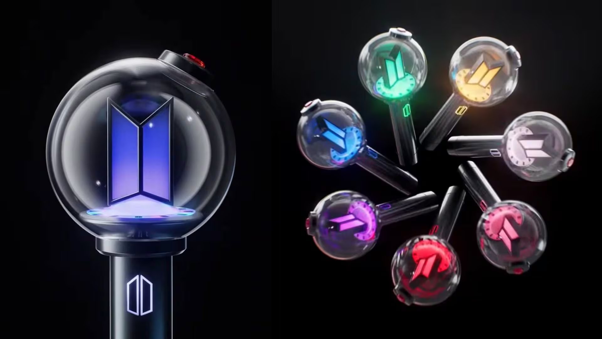 Los bastones luminosos ARMY Bomb del grupo BTS emiten luces de diversos colores para la sincronización interactiva en sus presentaciones en vivo.