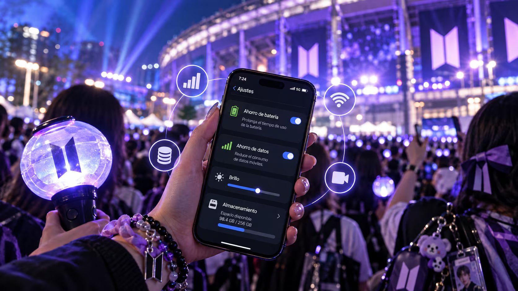 Activar el ahorro de batería y de datos, reducir el brillo y revisar el espacio disponible son algunos de los ajustes que conviene hacer antes de ingresar al concierto de BTS. (Imagen Ilustrativa Infobae)