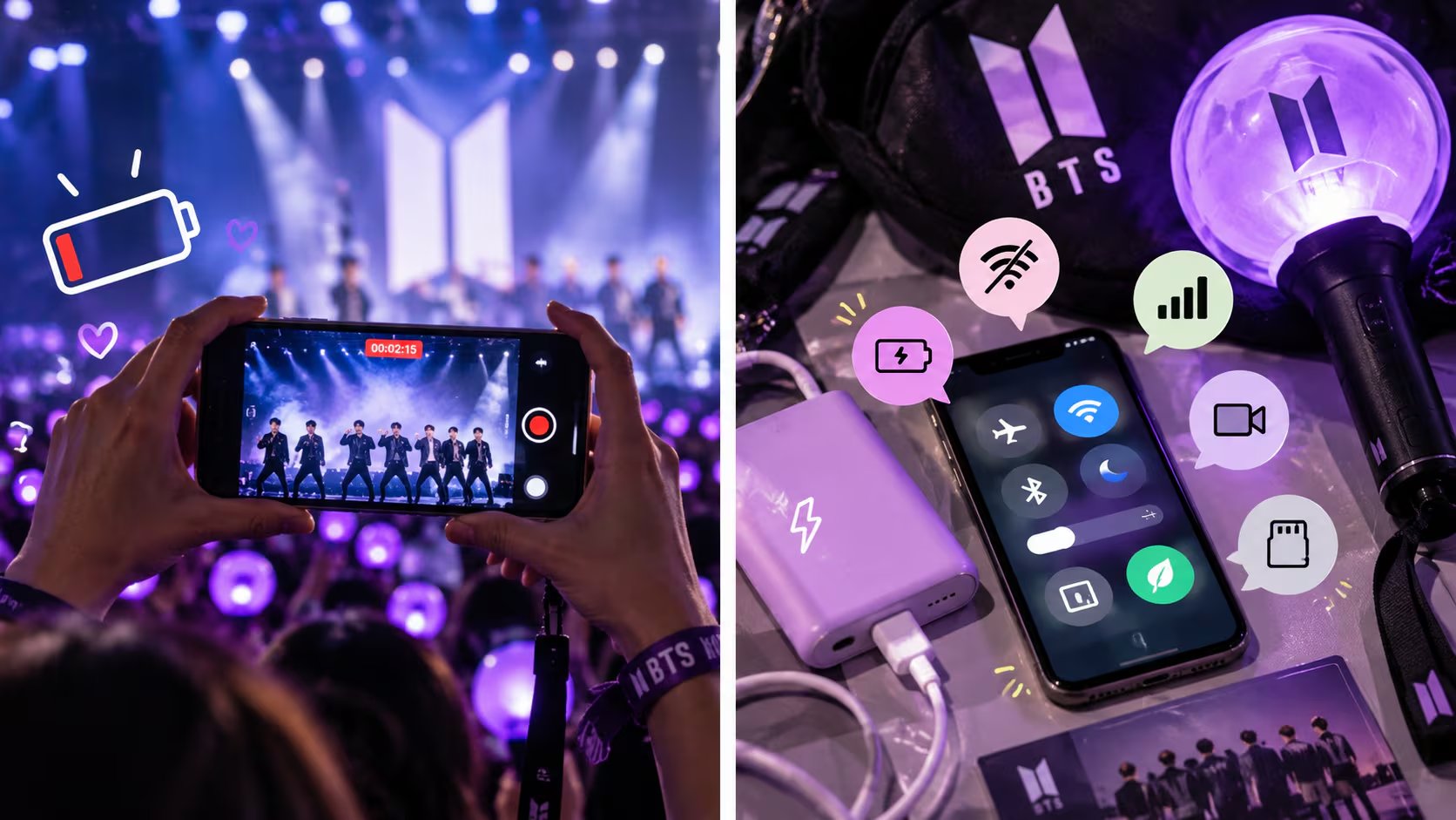 El uso de baterías portátiles y el ajuste de funciones en teléfonos inteligentes ayudan a conservar la energía y el espacio durante eventos masivos como los conciertos de BTS. (Imagen Ilustrativa Infobae)