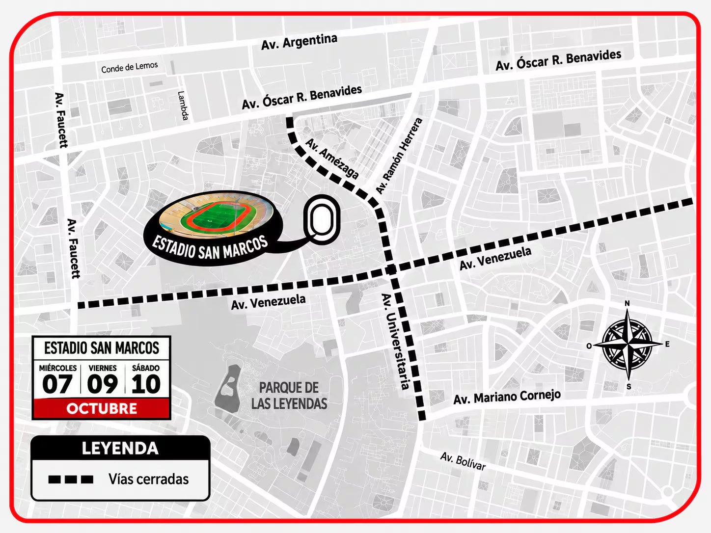 Un mapa vial de Lima señala las vías cerradas alrededor del Estadio San Marcos durante las fechas 7, 9 y 10 de octubre.