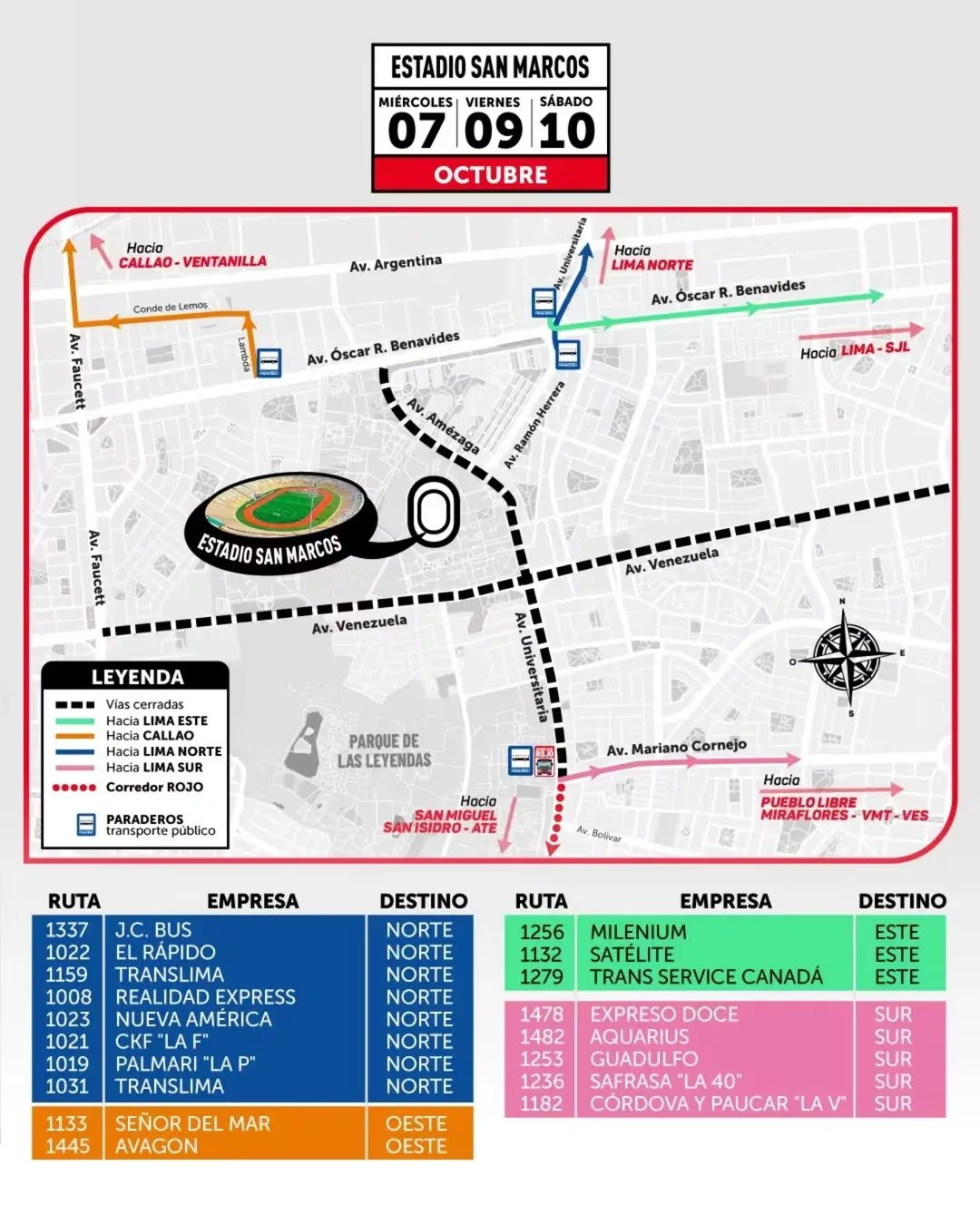 Un mapa de la Autoridad de Transporte Urbano detalla las rutas, desvíos y paraderos del transporte público cercanos al Estadio San Marcos en Lima.