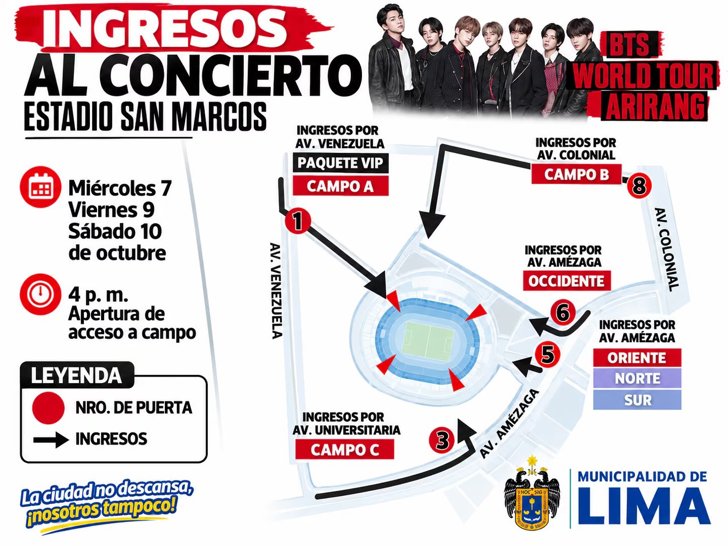 La Municipalidad de Lima detalla los accesos y puertas de ingreso al Estadio San Marcos para los conciertos de BTS programados en octubre. (Municipalidad de Lima)