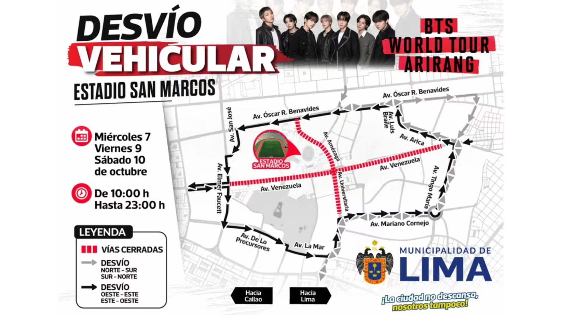 Presentan plan de cierres y desvíos viales durante los conciertos de BTS en San Marcos.