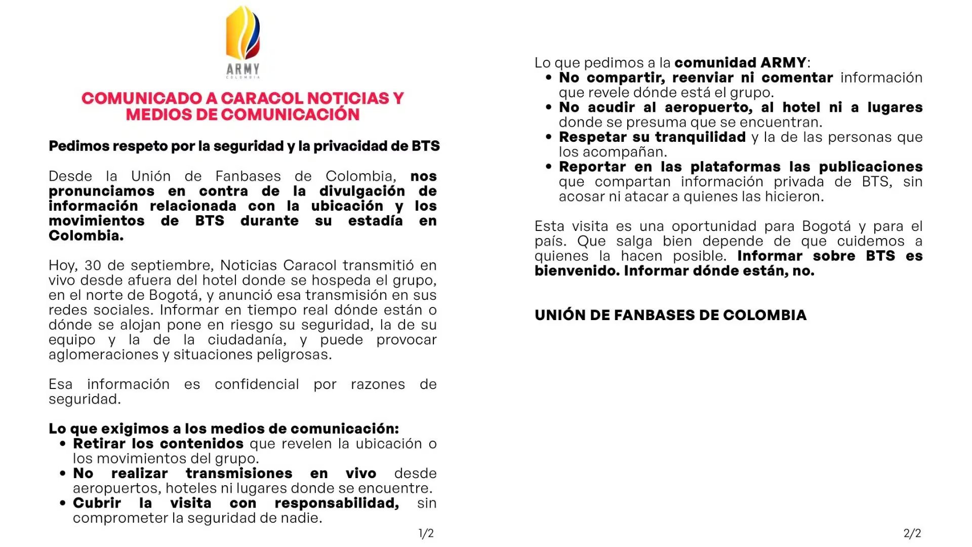Army Bogotá pidió a los medios evitar la divulgación de información sobre la ubicación y los movimientos de BTS durante su estadía. - crédito @ARMYBogotaCol/X