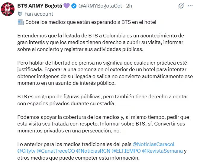 La cuenta Army Bogotá cuestionó la presencia de medios en las inmediaciones del hotel donde se encuentra la agrupación surcoreana. - crédito @ARMYBogotaCol/X