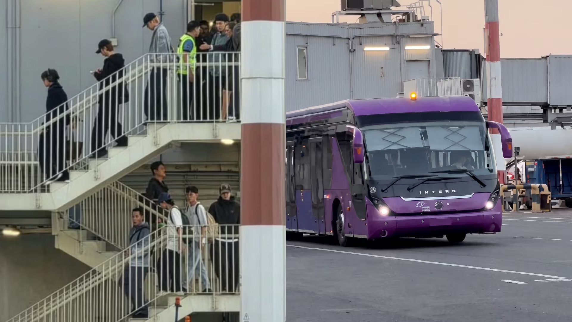 Los integrantes del grupo surcoreano BTS descienden por una escalera en el Aeropuerto Internacional Jorge Chávez a su llegada a Lima.