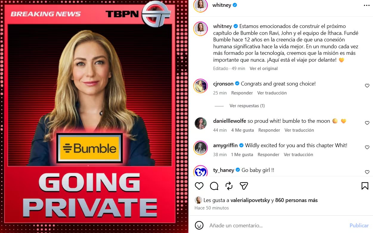 Whitney Wolfe Herd continuará vinculada a la empresa y colaborará con la nueva conducción. (Instagram)