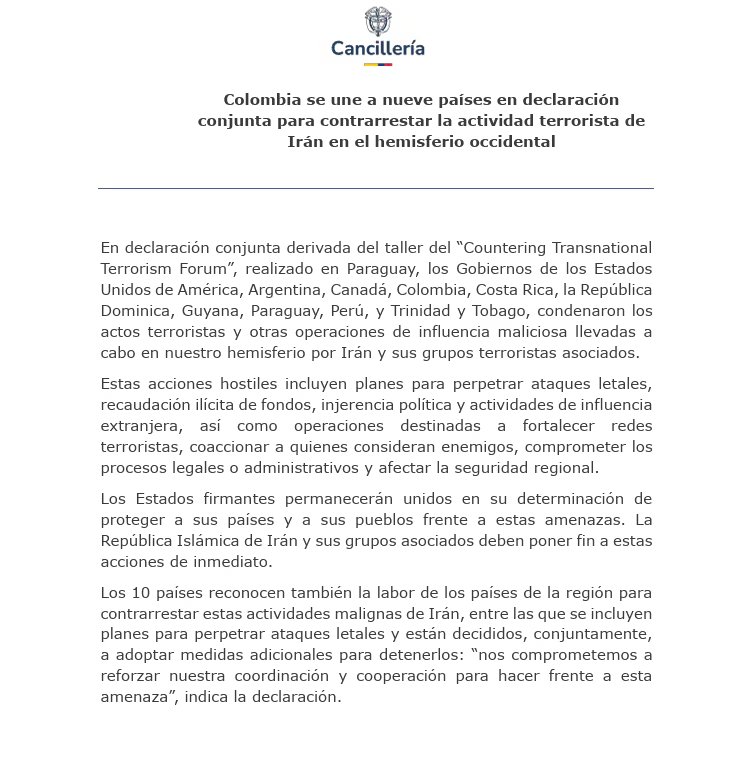 La lista de medidas incluye el seguimiento de operaciones financieras sospechosas, la vigilancia de los pasos fronterizos y la identificación de posibles células o grupos vinculados con organizaciones radicales que busquen actuar en el continente - crédito Cancilleria