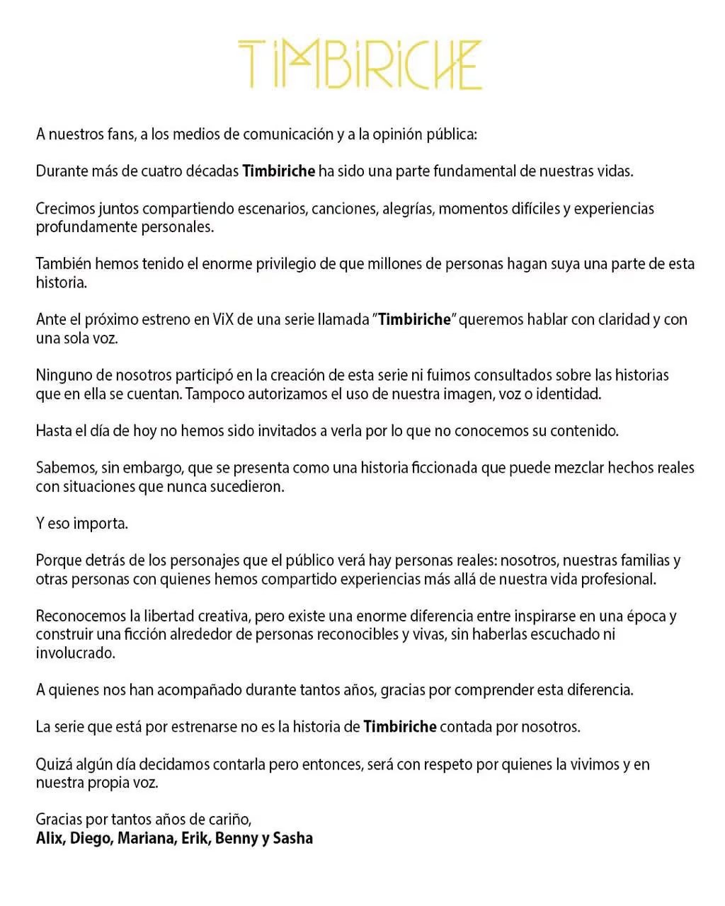 Los integrantes del grupo Timbiriche expresan en un comunicado que no participaron ni autorizaron la producción de la serie sobre su historia en la plataforma ViX. (Comunicado Timbiriche)
