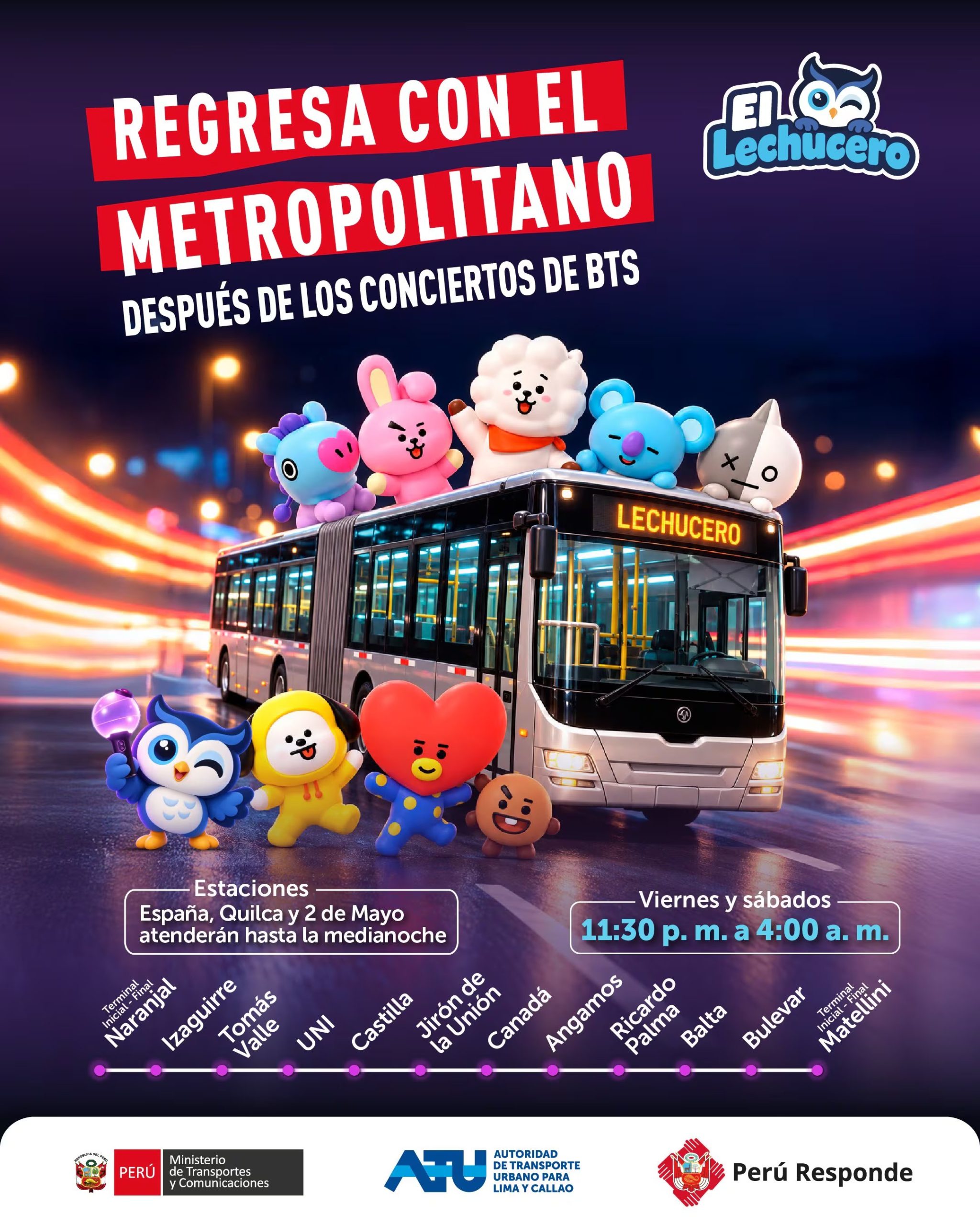 La Autoridad de Transporte Urbano de Lima informa el horario nocturno del servicio Lechucero del Metropolitano para los conciertos de BTS. (ATU)