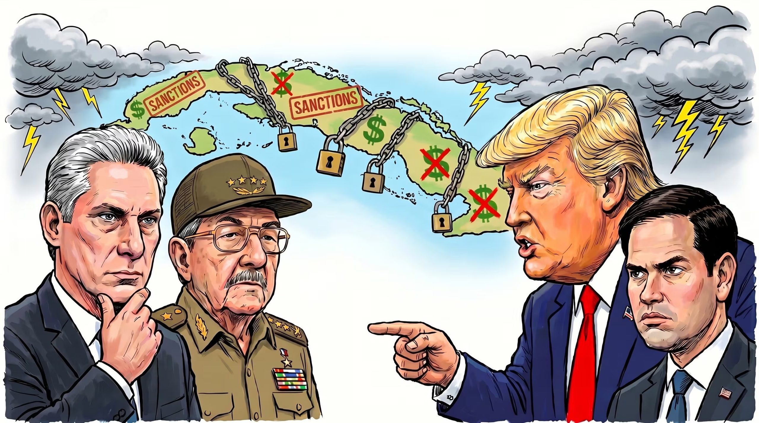 Miguel Díaz-Canel y Raúl Castro observan mientras Donald Trump y Marco Rubio señalan a Cuba, representada con cadenas, candados y símbolos de sanciones económicas. (Imagen Ilustrativa Infobae)