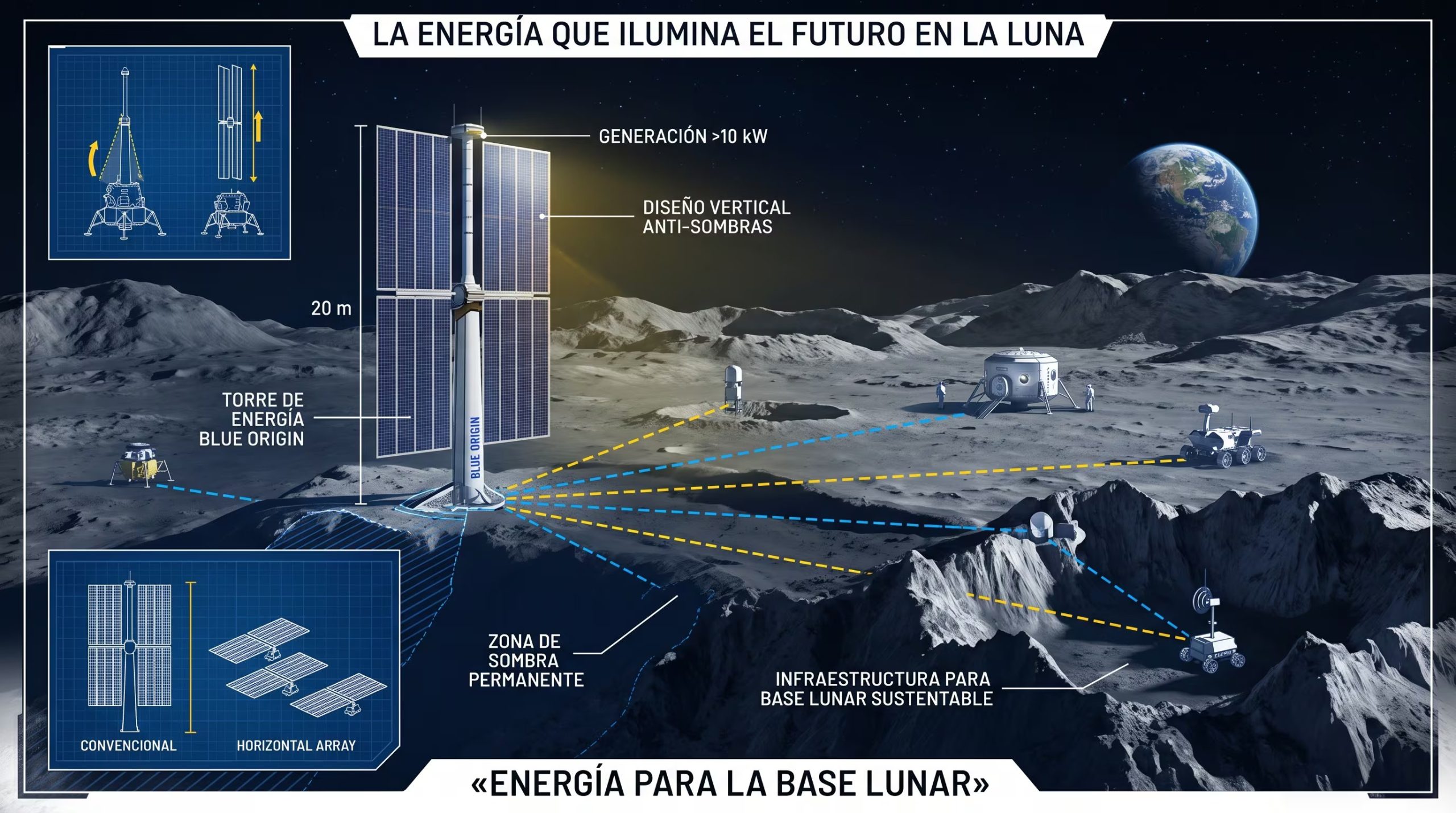 Una infografía ilustra el funcionamiento de la torre solar de 20 metros desarrollada por Blue Origin para abastecer de electricidad a una futura base en el polo sur de la Luna. (Imagen Ilustrativa Infobae)