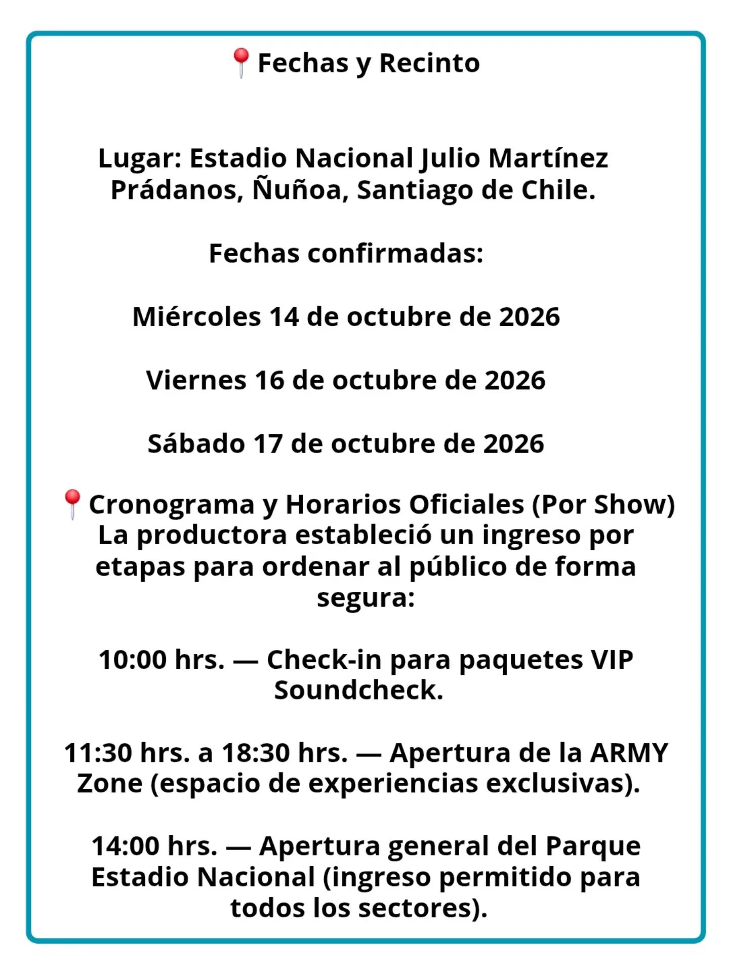 El ingreso al Parque Estadio Nacional comenzará a las 14.00 y las puertas del coliseo abrirán a las 16.30.
