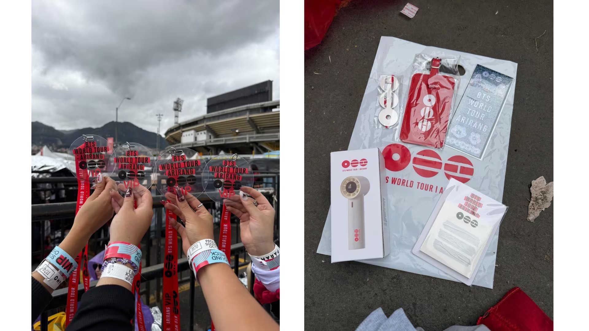 Los asistentes con entradas VIP recibieron los artículos incluidos en el paquete de beneficios, entre ellos un ventilador portátil, antes del concierto de BTS en El Campín - crédito redes sociales
