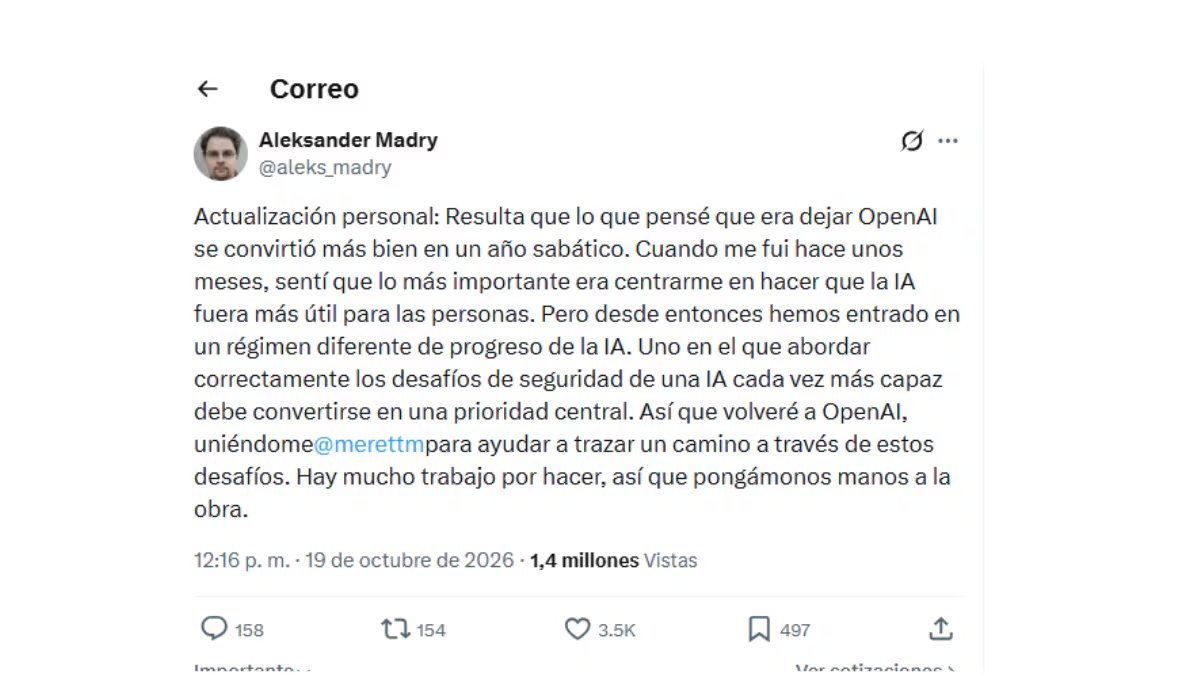Aleksander Madry anunció su regreso en X y calificó su salida como una temporada sabática. (X)