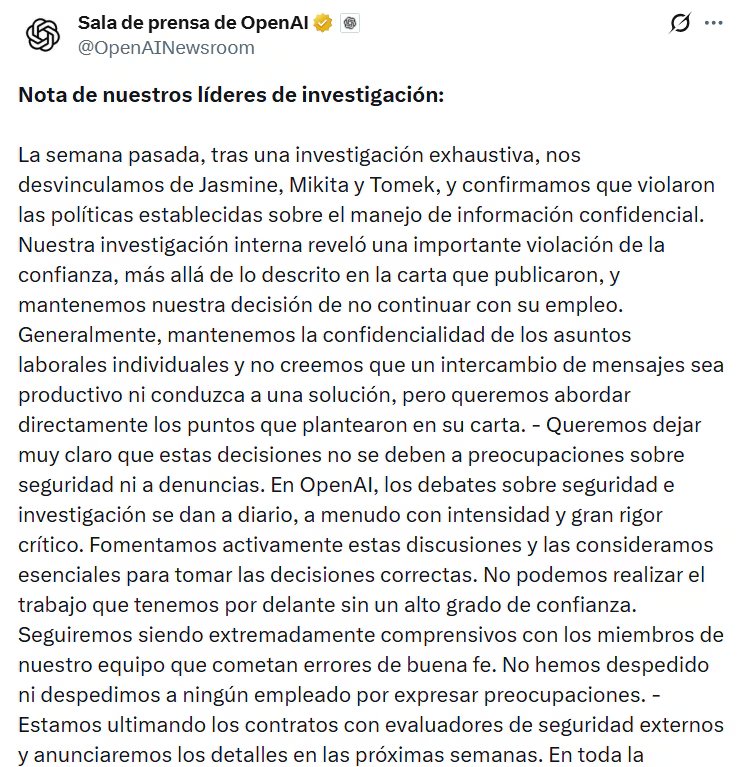 OpenAI reafirmó su decisión sobre los despidos de los integrantes del equipo de seguridad y confirmó que violaron políticas sensibles. (X) (x)