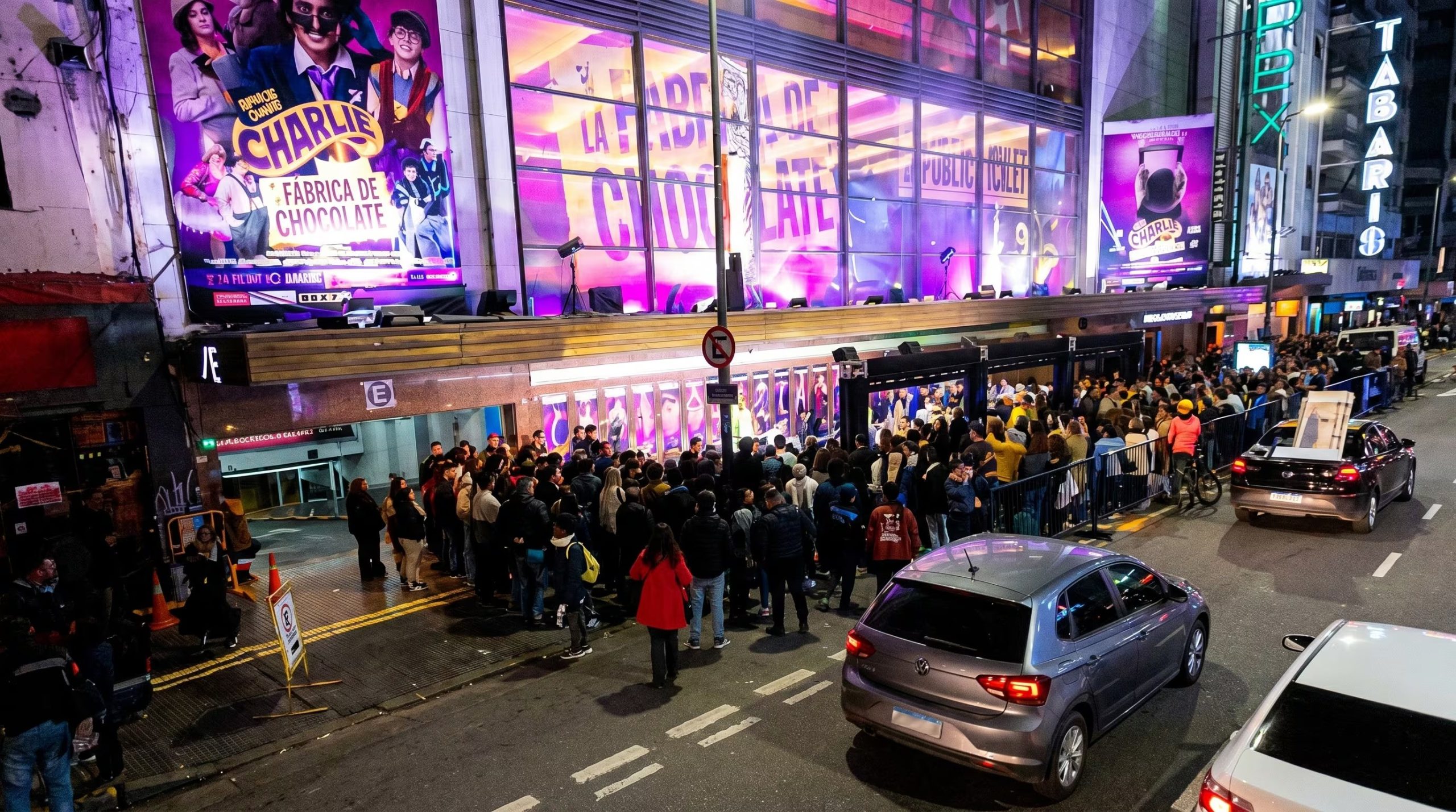 Una multitud se congrega a la espera del ingreso a una función de 'Charlie y la Fábrica de Chocolate'