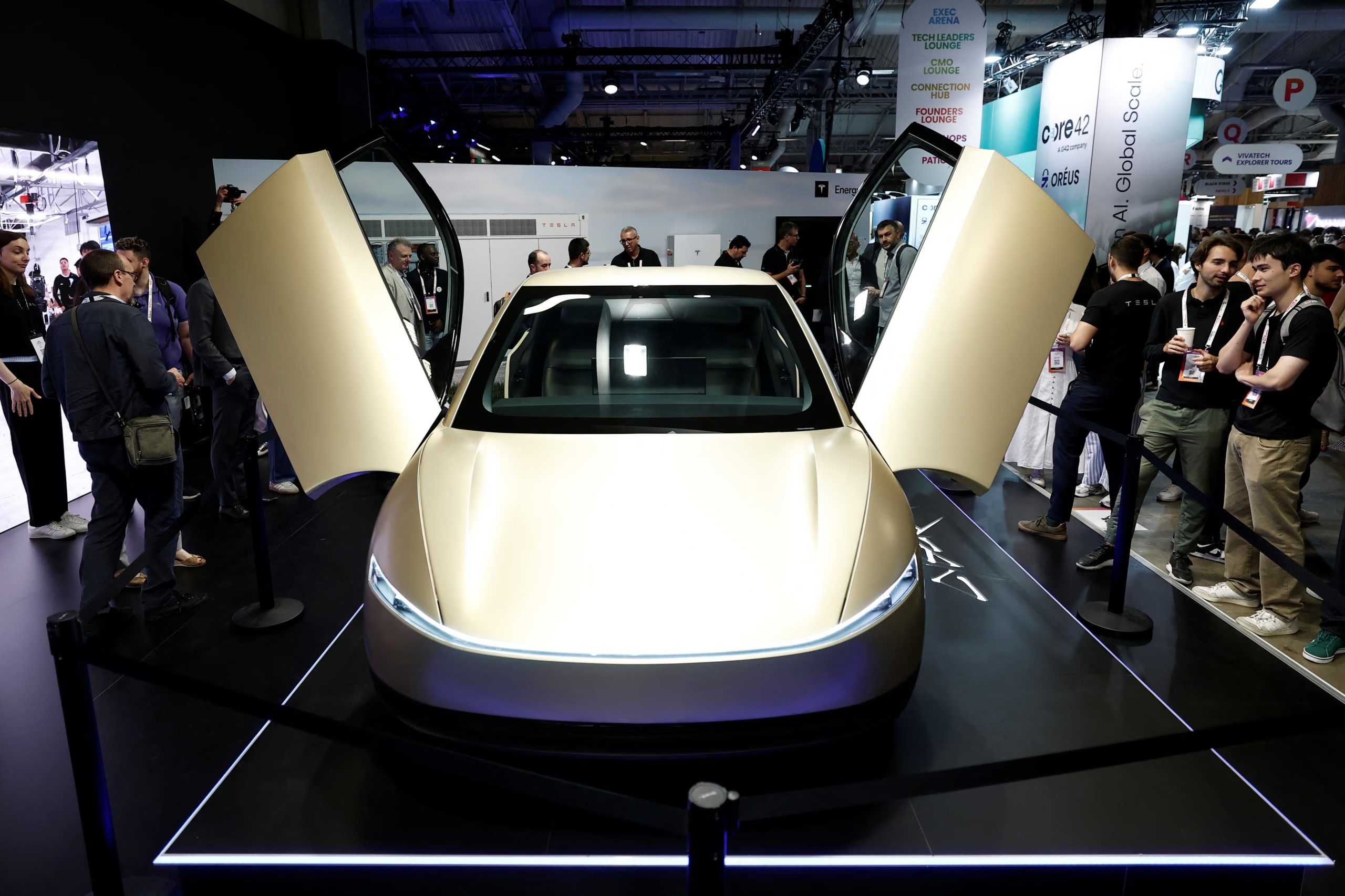 The Tesla Cybercab is displayed at the Viva Technology conference dedicated to innovation and startups at Porte de Versailles exhibition center in Paris, France, June 12, 2025. REUTERS/Benoit Tessier