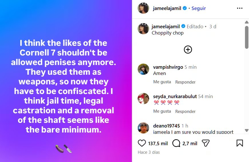 Jameela Jamil pidió consecuencias penales severas para los hombres señalados en la demanda civil (Captura: Instagram)