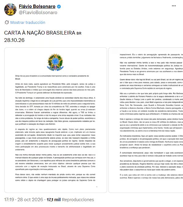 Una publicación en la red social X del político brasileño Flávio Bolsonaro