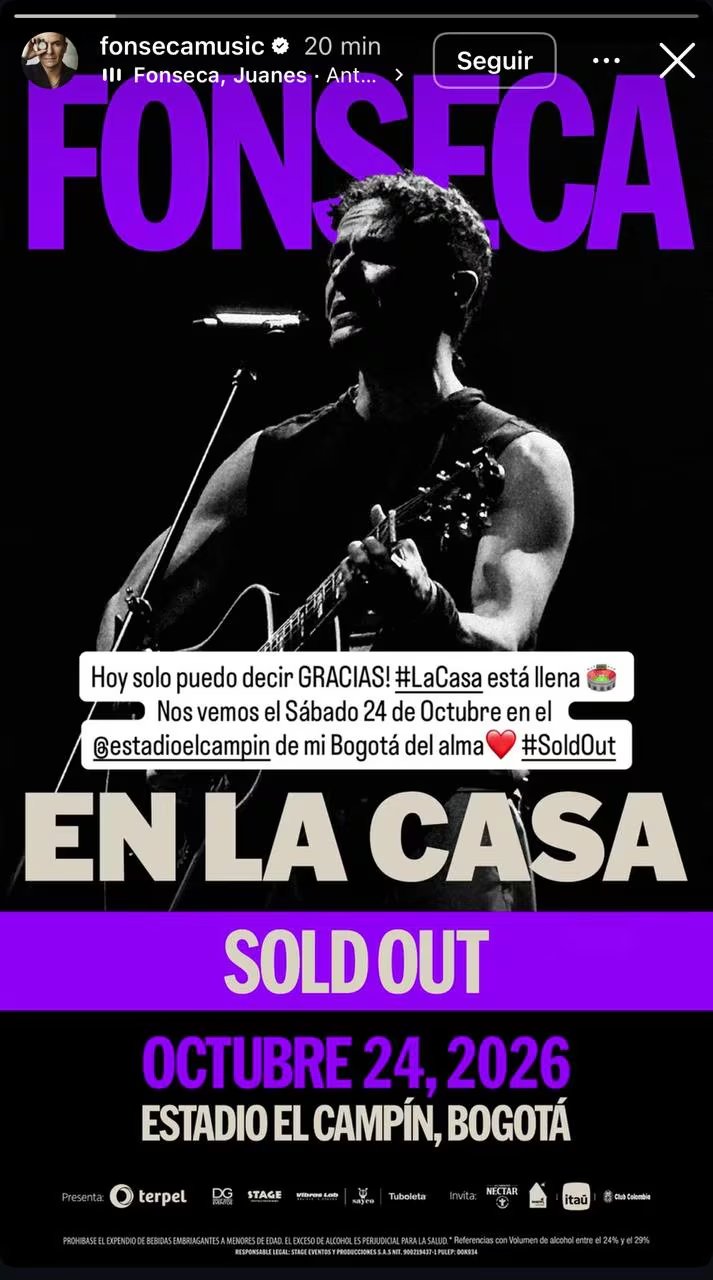 El bogotano Fonseca confirmó que vendió todas sus entradas para el concierto en el Estadio El Campín el 24 de octubre de 2026 - crédito @fonsecamusic/IG