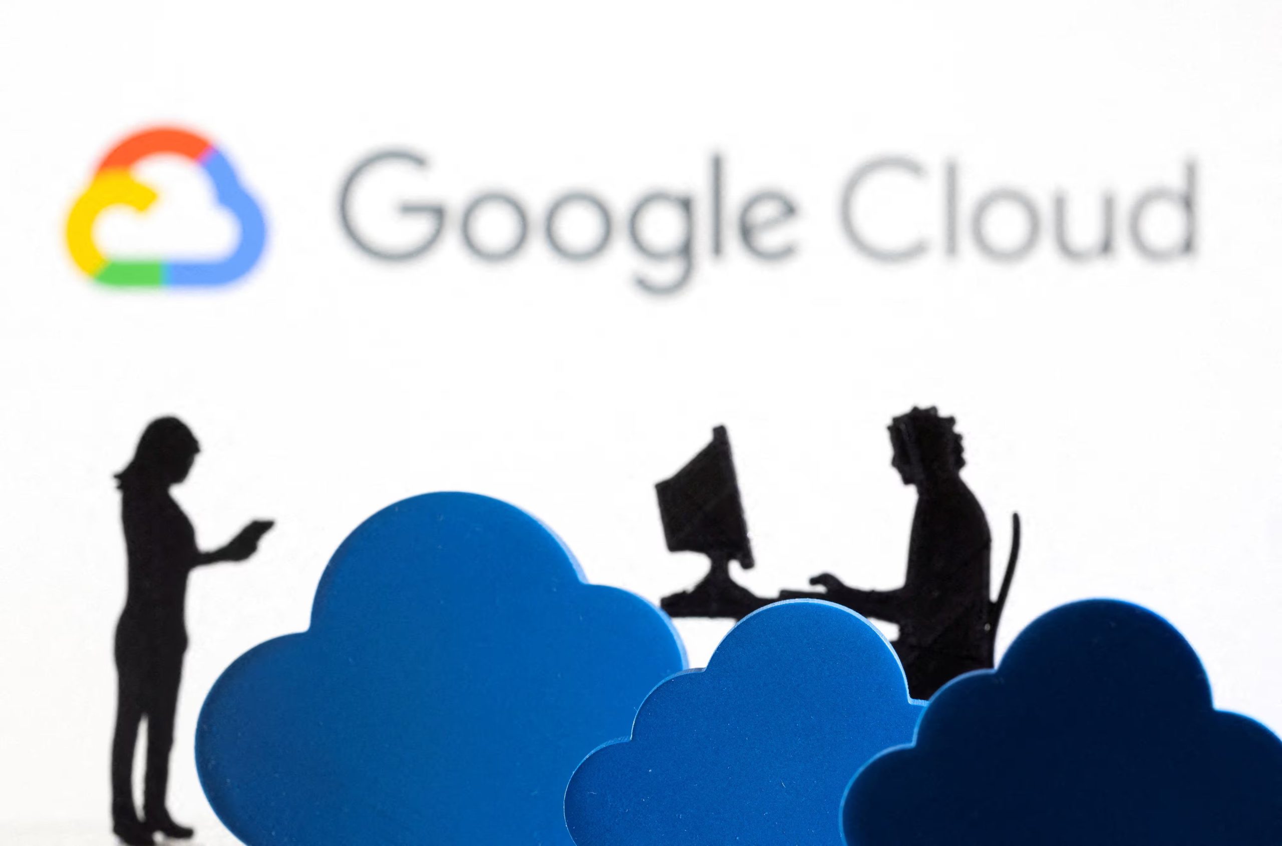 FILE PHOTO: 3D printed clouds and figurines are seen in front of the Google Cloud service logo in this illustration taken February 8, 2022. REUTERS/Dado Ruvic/Illustration/File Photo