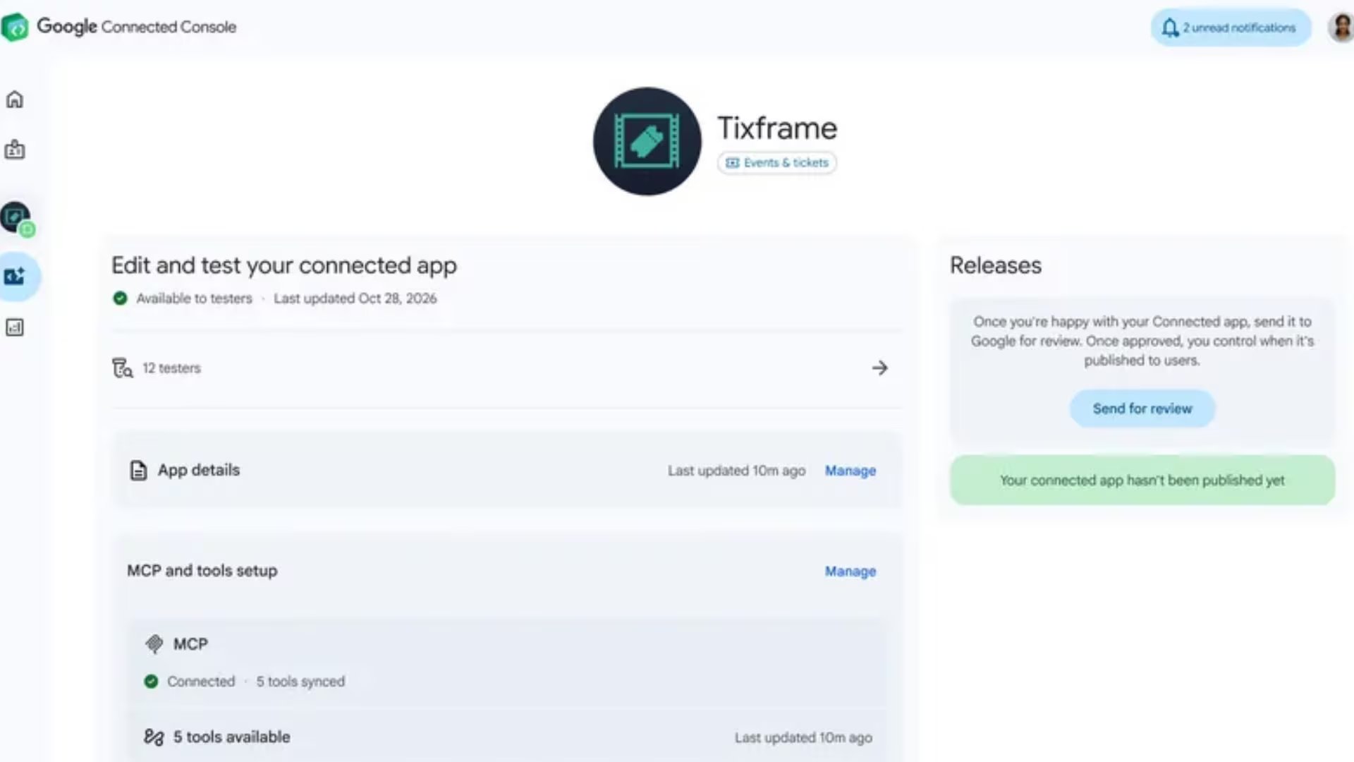 Interfaz de usuario de apps conectadas donde puedes editar y probar tu aplicación conectada. (Google)