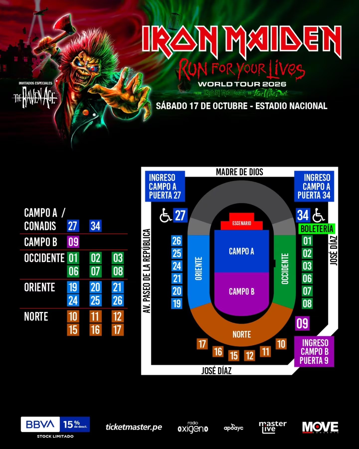Estos son loos accesos para el concierto de Iron Maiden en el Estadio Nacional de Lima. IG