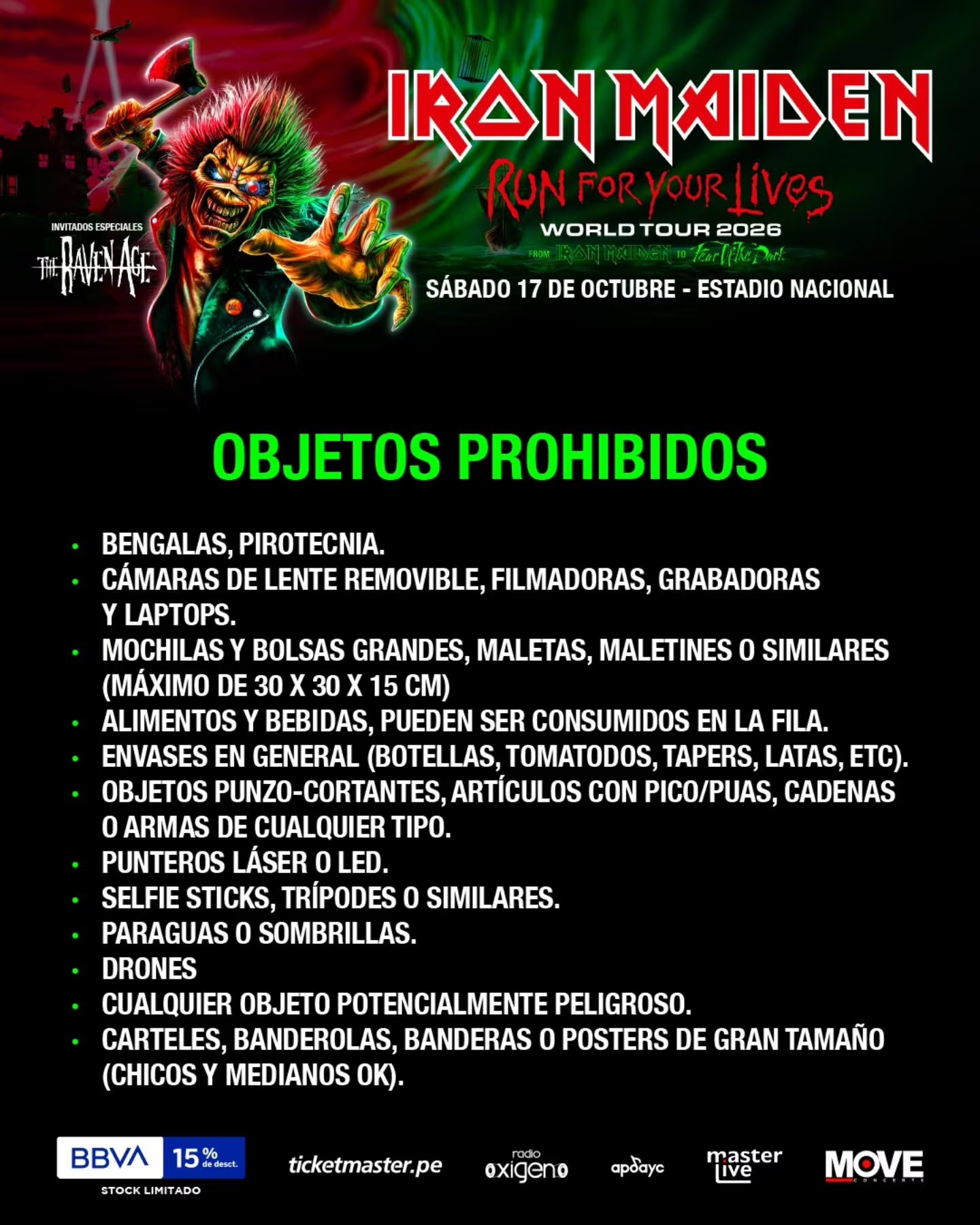 Estos son los artículos prohibidos para el concierto de Iron Maiden en el Estadio Nacional de Lima. IG