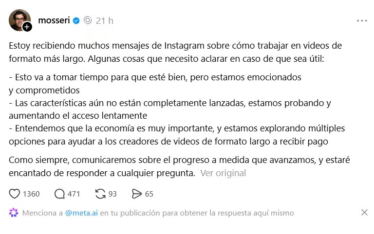 El director de Instagram, Adam Mosseri, explica el proceso de prueba y los planes de monetización para los videos de formato largo. (Threads)