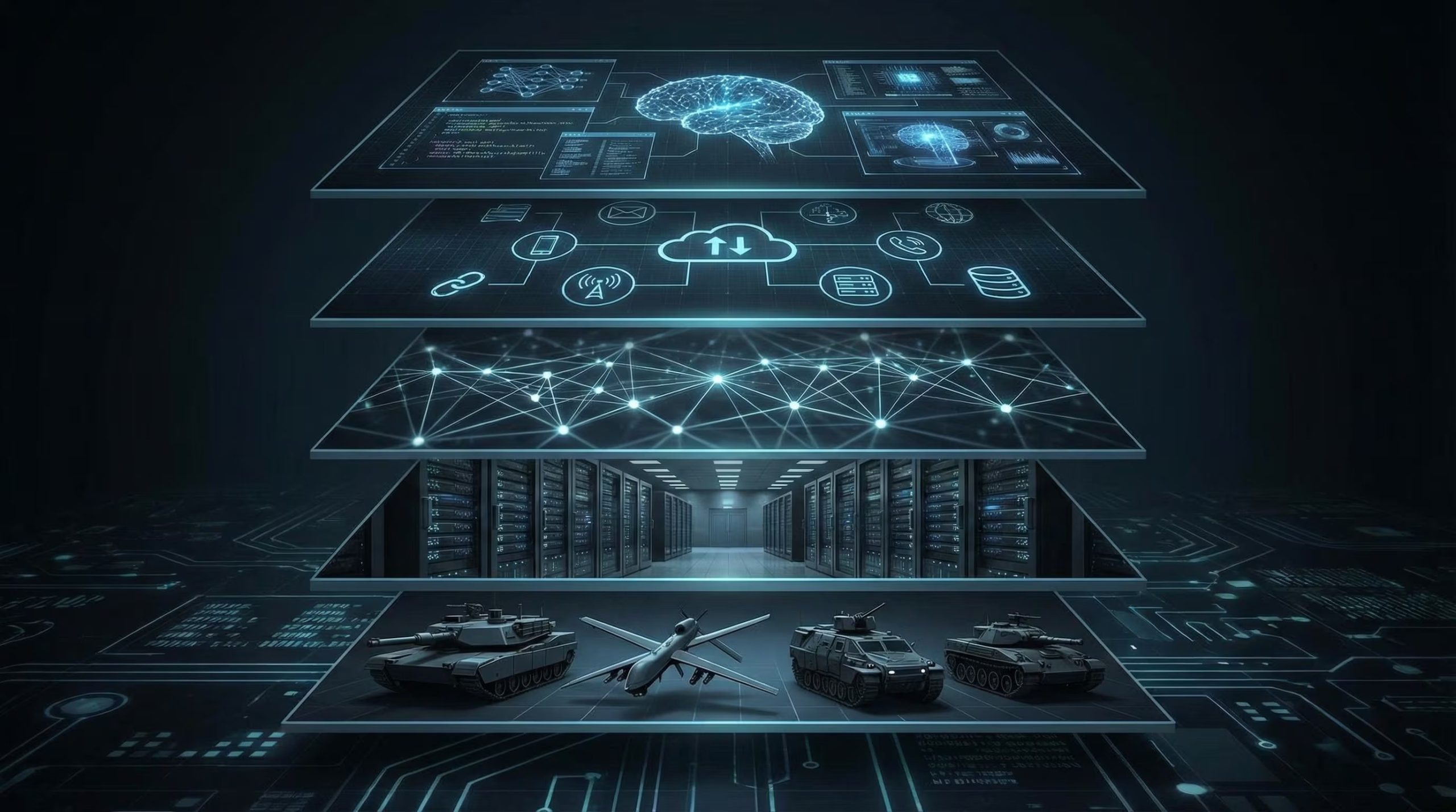 Ilustración conceptual que muestra tanques, drones, centros de datos y gráficos de IA en capas tecnológicas (Imagen Ilustrativa Infobae)