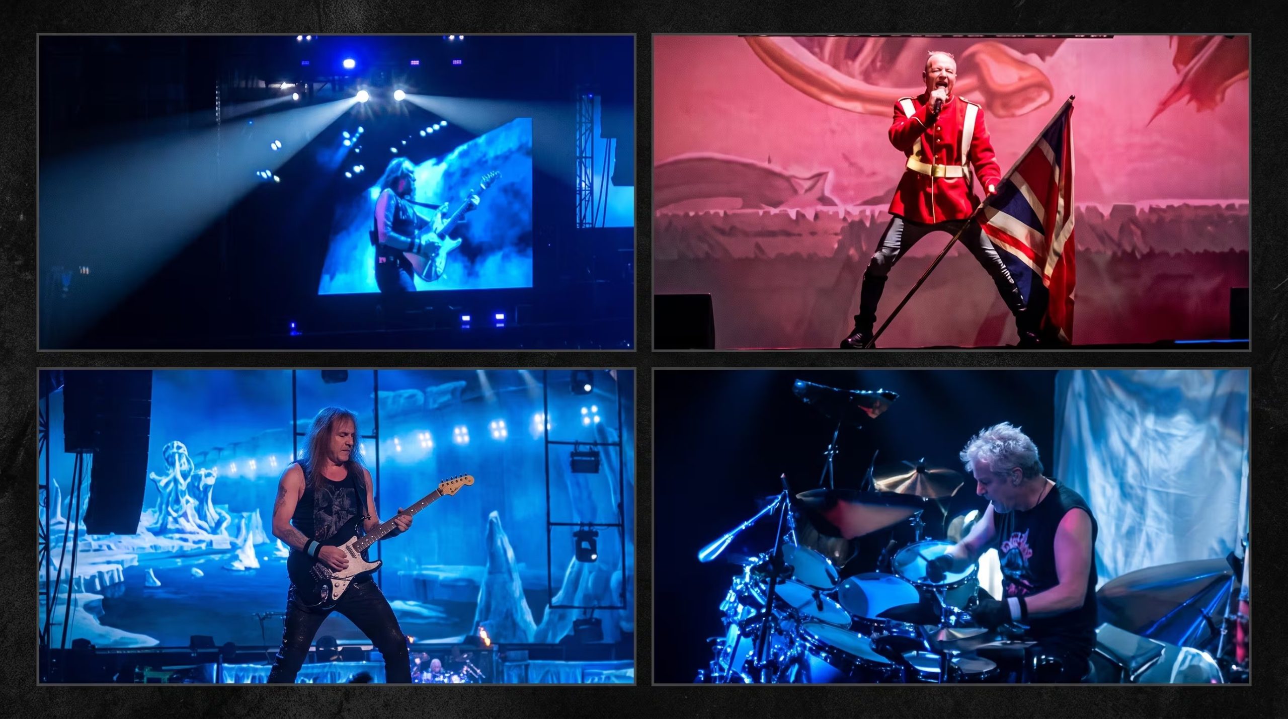 Los integrantes de la banda de rock Iron Maiden realizan una actuación en vivo sobre un escenario iluminado. (Visuales IA/Reescalado)