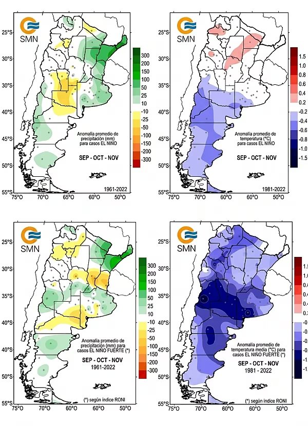 Mapas del Servicio Meteorológico Nacional detallan las anomalías de precipitación y temperatura registradas en Argentina hasta noviembre por el fenómeno El Niño. (smn)