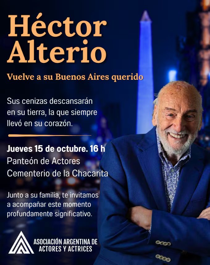 La entidad anunció que las cenizas del reconocido actor serán trasladas al Panteón de Actores, en el Cementerio de la Chacarita (X)