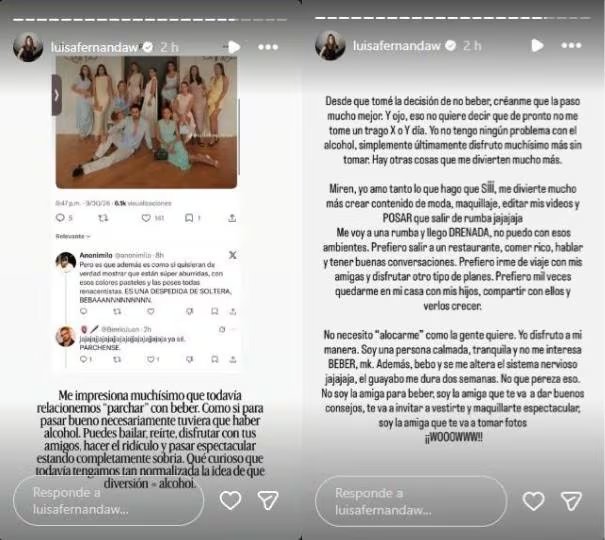 La creadora de contenido rechazó la idea tradicional de asociar la diversión con el consumo de alcohol - crédito @luisafernandaw/Instagram