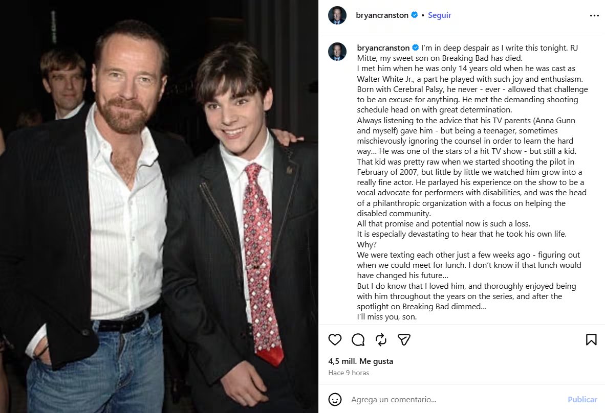 Bryan Cranston dedicó un mensaje a Mitte, a quien conoce desde sus 14 años durante la filmación de Breaking Bad. (Instagram/@bryancranston)
