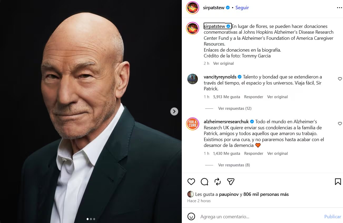 La cuenta oficial de Patrick Stewart en Instagram solicita donaciones para la investigación del alzhéimer tras el fallecimiento del actor británico a los 86 años.