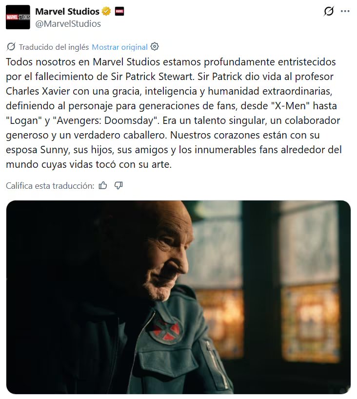 La cuenta oficial de Marvel Studios en la red social X despide al actor Patrick Stewart tras su fallecimiento con un mensaje de condolencias y una fotografía de su personaje Charles Xavier.