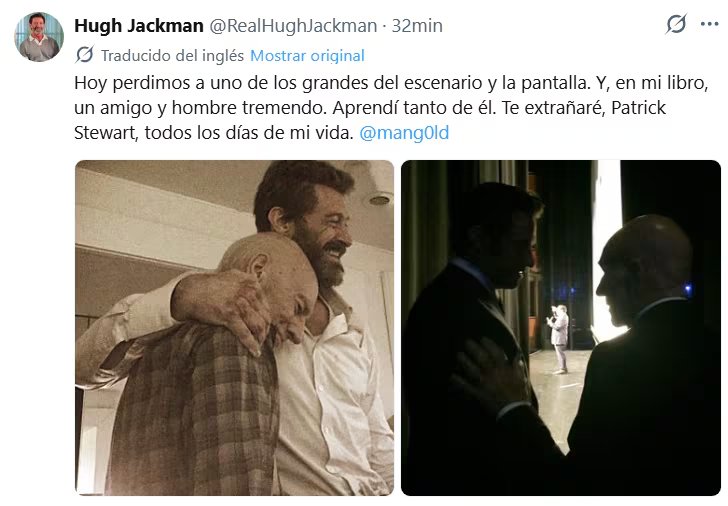 Una publicación en la red social X de Hugh Jackman rinde homenaje al actor Patrick Stewart con un mensaje de despedida y dos fotografías juntos.