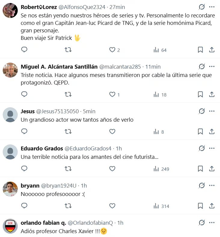 Varios mensajes en la red social X recopilan las condolencias de seguidores peruanos tras confirmarse el fallecimiento del actor Patrick Stewart.