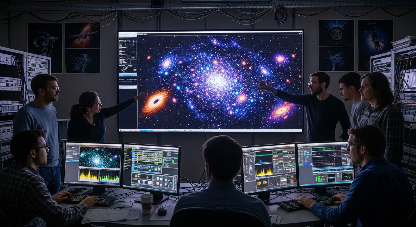 Astrónomos analizan en una sala de control los datos del telescopio eROSITA, que permitieron identificar casi dos millones de agujeros negros activos. (Imagen Ilustrativa Infobae)