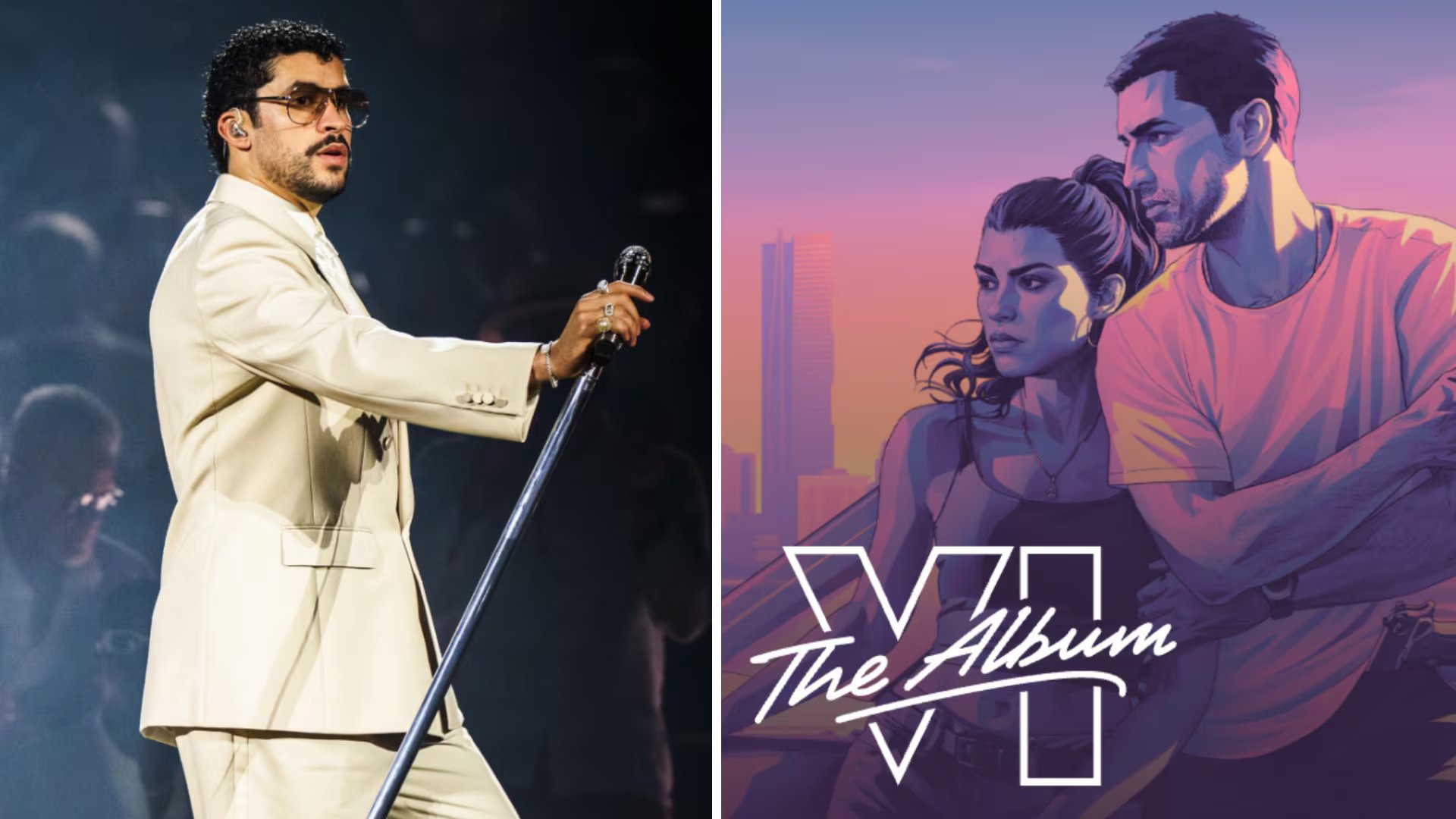 Bad Bunny será uno de los conductores de la radio dedicada a la música latina dentro de GTA 6. (Composición Infobae: Rockstar Games / FREEK VAN DEN BERGH/EFE/EPA)