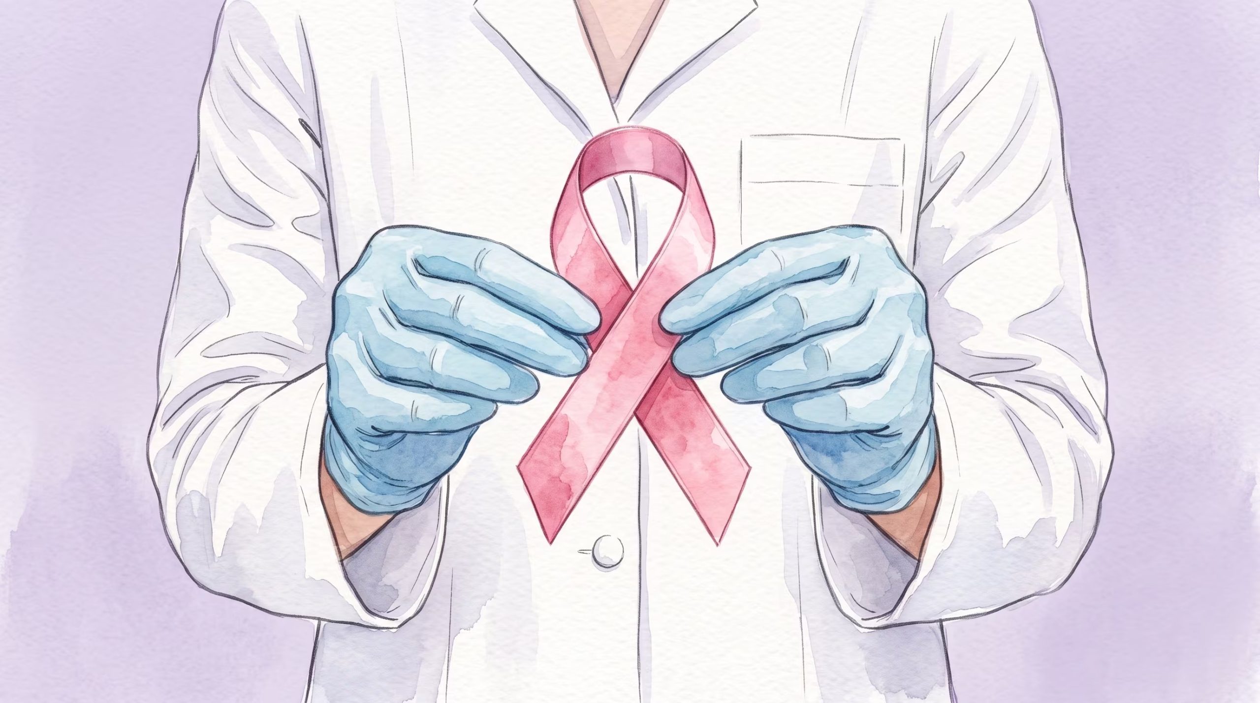 Una persona vistiendo una bata médica y guantes azules sostiene un lazo rosa como símbolo de la lucha contra el cáncer de mama. (Imagen Ilustrativa Infobae)