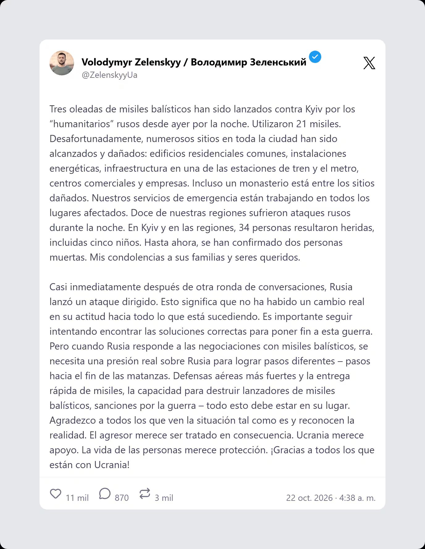 El mensaje del presidente ucraniano, Volodimir Zelensky, en la red social X