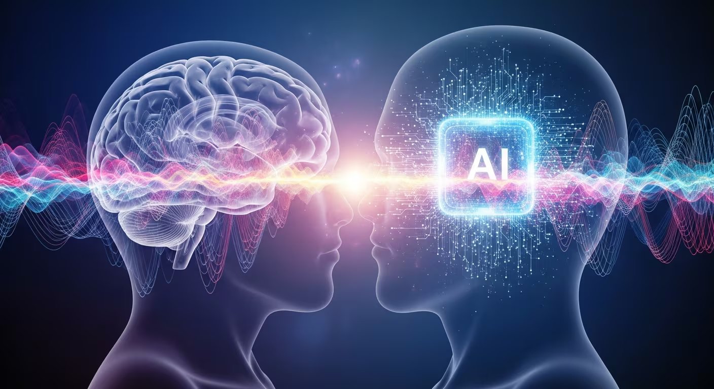 Ilustración conceptual que muestra la interacción entre un cerebro humano y una inteligencia artificial, representada por una figura digital con el símbolo 'AI'. Ondas de energía y datos fluyen entre ambos, simbolizando la convergencia entre la mente humana y la tecnología avanzada. (Imagen Ilustrativa Infobae)