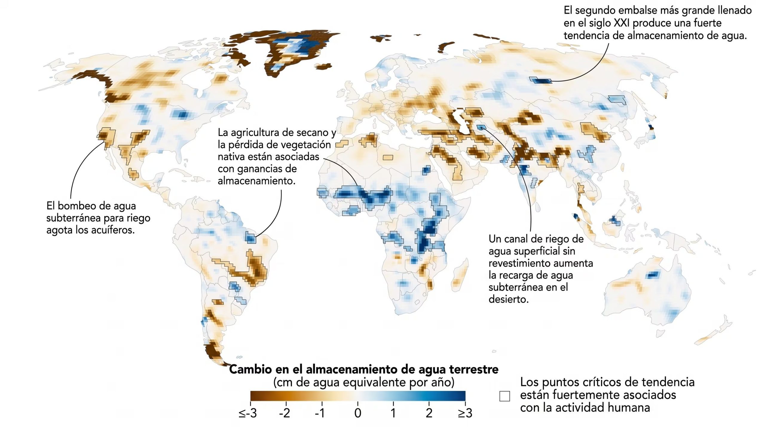 Las misiones GRACE y GRACE-FO midieron los cambios en el almacenamiento de agua terrestre entre abril de 2002 y noviembre de 2025. En el mapa, los contornos negros señalan las zonas donde esas variaciones se vinculan estrechamente con la actividad humana. Los resultados expresan el cambio promedio anual de la profundidad equivalente del agua 
NASA