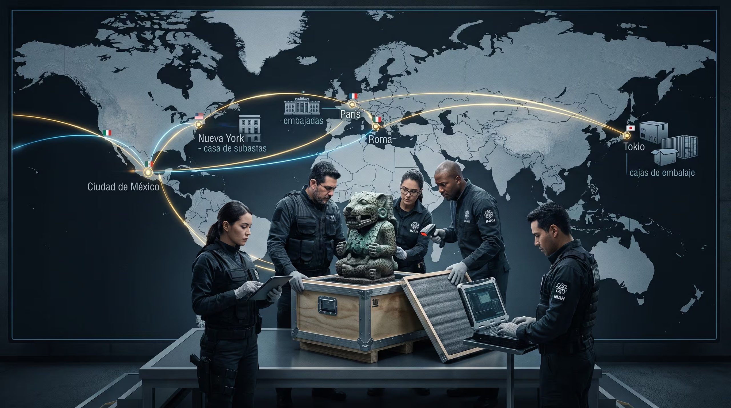 Especialistas del INAH inspeccionan una escultura prehispánica frente a un mapamundi que traza rutas de recuperación entre Ciudad de México, Nueva York, París, Roma y Tokio. (Imagen Ilustrativa Infobae)