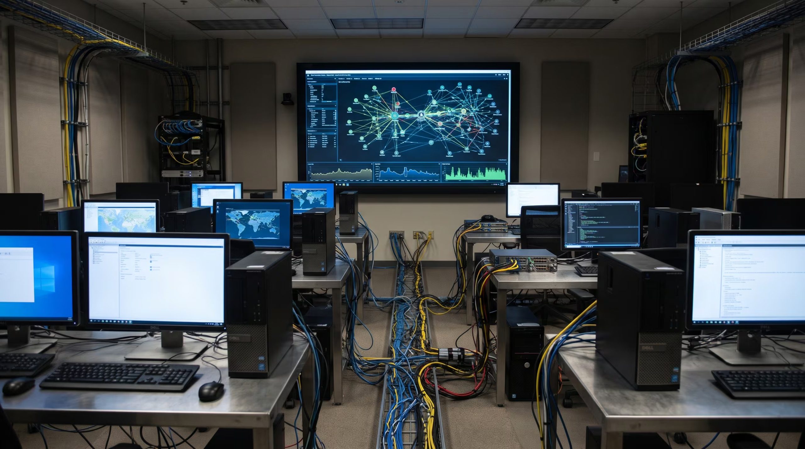 Una sala técnica reúne equipos informáticos de diversos ministerios interconectados a una pantalla central que proyecta esquemas y métricas de red. (Imagen Ilustrativa Infobae)