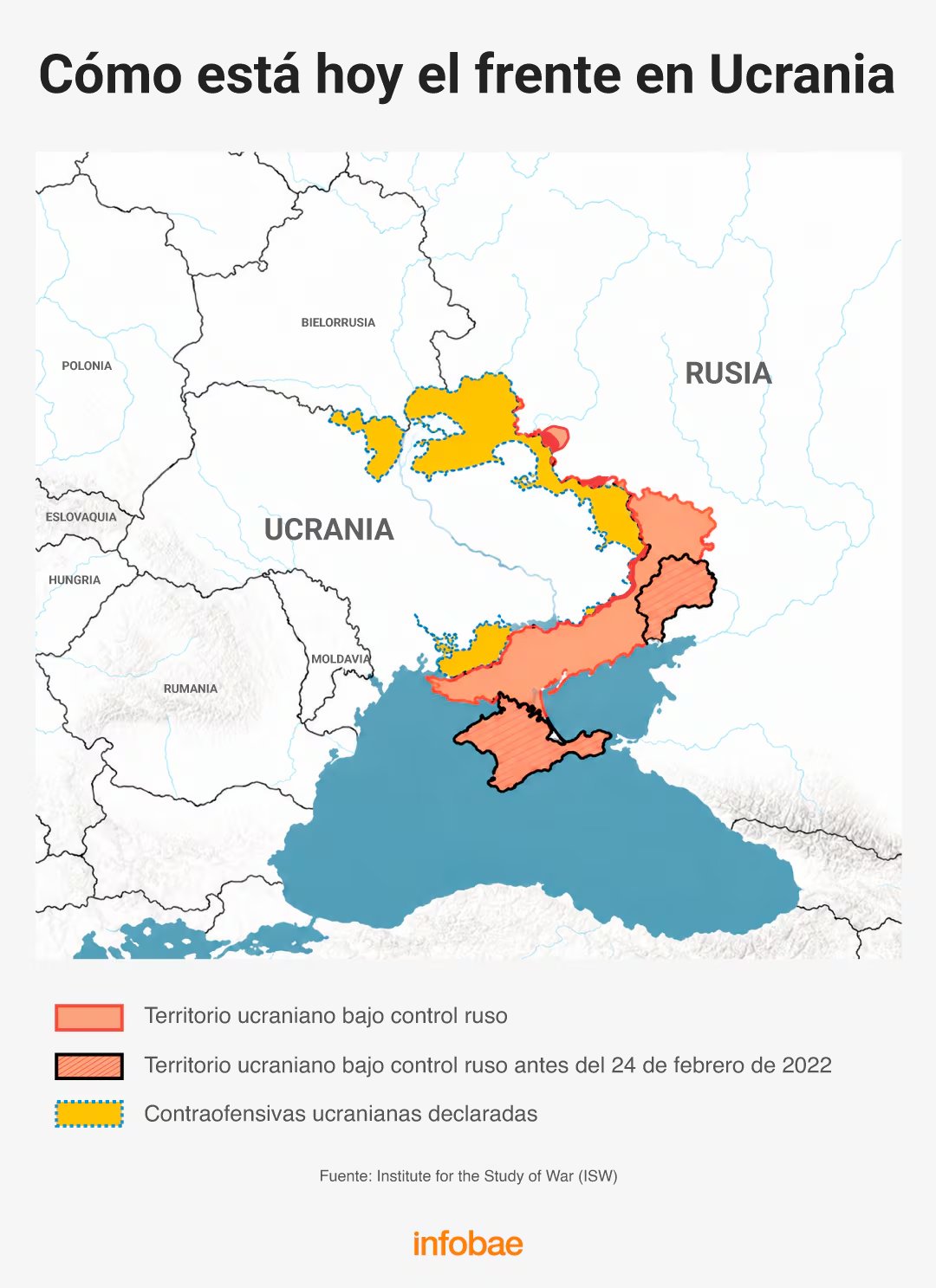 Un mapa de Ucrania detalla las zonas bajo control militar ruso y las contraofensivas ucranianas a partir de datos del Institute for the Study of War.